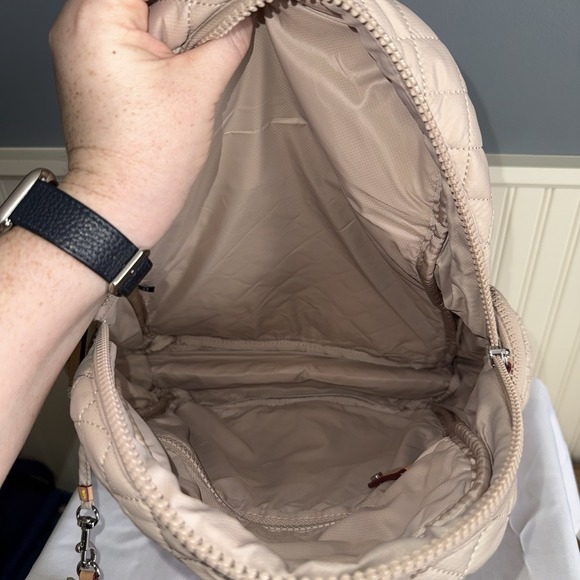 MZ Wallace Pocket Metro Quilted Nylon Backpack Diaper Laptop Work Bag Beige Tan - Picture 8 of 16